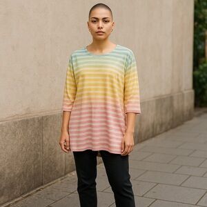 CJ Banks Women’s Multi Color Striped Cotton High Low Hem Scoop neck 1X